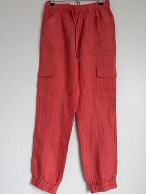 NWOT Nicole Miller Coral Red 100% Linen Cargo Jogger Pants